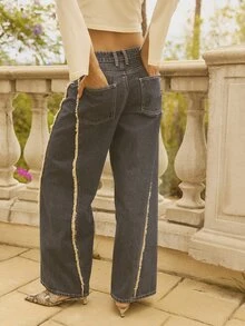 Aralina Women Soft Denim Fabric Raw Edge Contrast Fring Detail Wide Leg Loose Fit Gym Going Out Party Birthday Rave Jeans - Dark Wash - View 3
