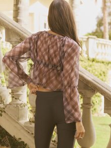 Aralina Women Winter Boho Vintage Old Money Edge-Edge Tie Front Elegant Check Crop Blouse Long Sleeve Plaid Top Autumn Winter Fall Brunch Vacation Brown Plaid - Multicolor - View 2