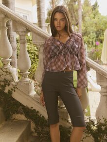 Aralina Women Winter Boho Vintage Old Money Edge-Edge Tie Front Elegant Check Crop Blouse Long Sleeve Plaid Top Autumn Winter Fall Brunch Vacation Brown Plaid - Multicolor - View 7
