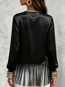 LUMIGAL Blus Wanita Lengan Panjang Satin dengan Rumbai dan Patchwork, Kerah Model Cowl Asimetris - Hitam - View 2