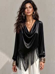 LUMIGAL Blus Wanita Lengan Panjang Satin dengan Rumbai dan Patchwork, Kerah Model Cowl Asimetris - Hitam - View 5
