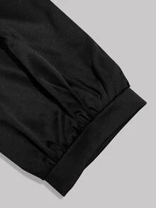 LUMIGAL Blus Wanita Lengan Panjang Satin dengan Rumbai dan Patchwork, Kerah Model Cowl Asimetris - Hitam - View 4