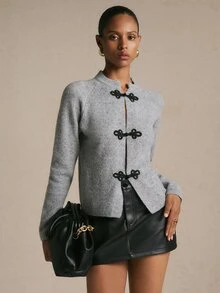 Poéselle Women's Grey Chinese Knot Button Cardigan With Round Neck,  Chinese Style,Brunch Outfits,Work Outfits,Basic Tops,Elegant , Casual,Fall/Winter - Grey - View 6