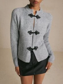 Poéselle Women's Grey Chinese Knot Button Cardigan With Round Neck,  Chinese Style,Brunch Outfits,Work Outfits,Basic Tops,Elegant , Casual,Fall/Winter - Grey - View 4