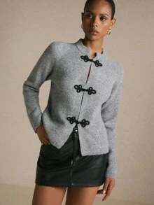 Poéselle Women's Grey Chinese Knot Button Cardigan With Round Neck,  Chinese Style,Brunch Outfits,Work Outfits,Basic Tops,Elegant , Casual,Fall/Winter - Grey - View 3