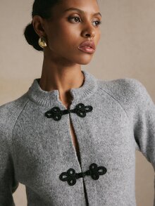 Poéselle Women's Grey Chinese Knot Button Cardigan With Round Neck,  Chinese Style,Brunch Outfits,Work Outfits,Basic Tops,Elegant , Casual,Fall/Winter - Grey - View 1