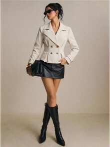 Poéselle Women's Versatile Button Ruffle Hem Long Sleeve Trench Coat Office Business Cream White Autumn Casual French Elegant - Apricot - View 6