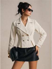 Poéselle Women's Versatile Button Ruffle Hem Long Sleeve Trench Coat Office Business Cream White Autumn Casual French Elegant - Apricot - View 5