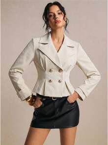 Poéselle Women's Versatile Button Ruffle Hem Long Sleeve Trench Coat Office Business Cream White Autumn Casual French Elegant - Apricot - View 4