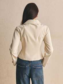 Poéselle Women's Versatile Button Ruffle Hem Long Sleeve Trench Coat Office Business Cream White Autumn Casual French Elegant - Apricot - View 2