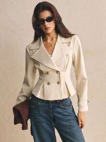 Poéselle Women's Versatile Button Ruffle Hem Long Sleeve Trench Coat Office Business Cream White Autumn Casual French Elegant - Apricot - View 1