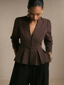 Poéselle Women Elegant Cotton Striped Button Long‑Sleeve Blazer, Back‑To‑School Business Casual All‑Season Piece For Daily Street Date Looks - Brown - View 5