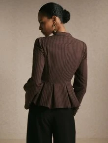 Poéselle Women Elegant Cotton Striped Button Long‑Sleeve Blazer, Back‑To‑School Business Casual All‑Season Piece For Daily Street Date Looks - Brown - View 2