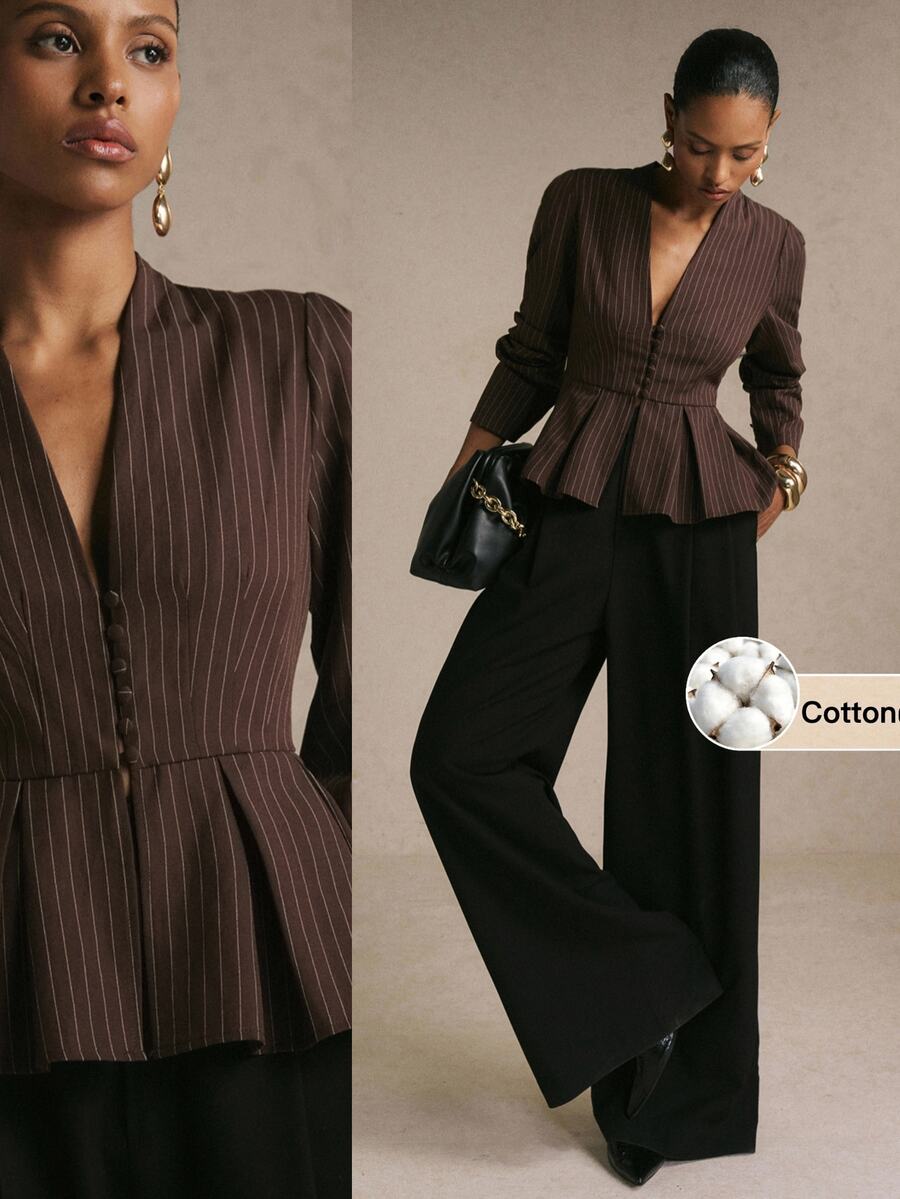 Poéselle Women Elegant Cotton Striped Button Long‑Sleeve Blazer, Back‑To‑School Business Casual All‑Season Piece For Daily Street Date Looks - Brown - View 1