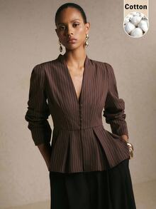 Poéselle Women Elegant Cotton Striped Button Long‑Sleeve Blazer, Back‑To‑School Business Casual All‑Season Piece For Daily Street Date Looks - Brown - View 8