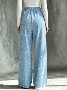 SHEIN Franclia 1pc Rhinestone Print Elastic Waist Wide Leg Pants Everyday Formal Blue Summer Casual - Blue - View 3