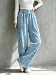 SHEIN Franclia 1pc Rhinestone Print Elastic Waist Wide Leg Pants Everyday Formal Blue Summer Casual - Blue - View 5
