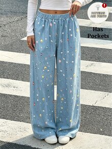 SHEIN Franclia 1pc Rhinestone Print Elastic Waist Wide Leg Pants Everyday Formal Blue Summer Casual - Blue - View 6