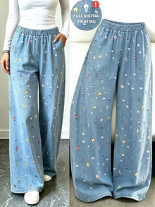 SHEIN Franclia 1pc Rhinestone Print Elastic Waist Wide Leg Pants Everyday Formal Blue Summer Casual - Blue - View 1