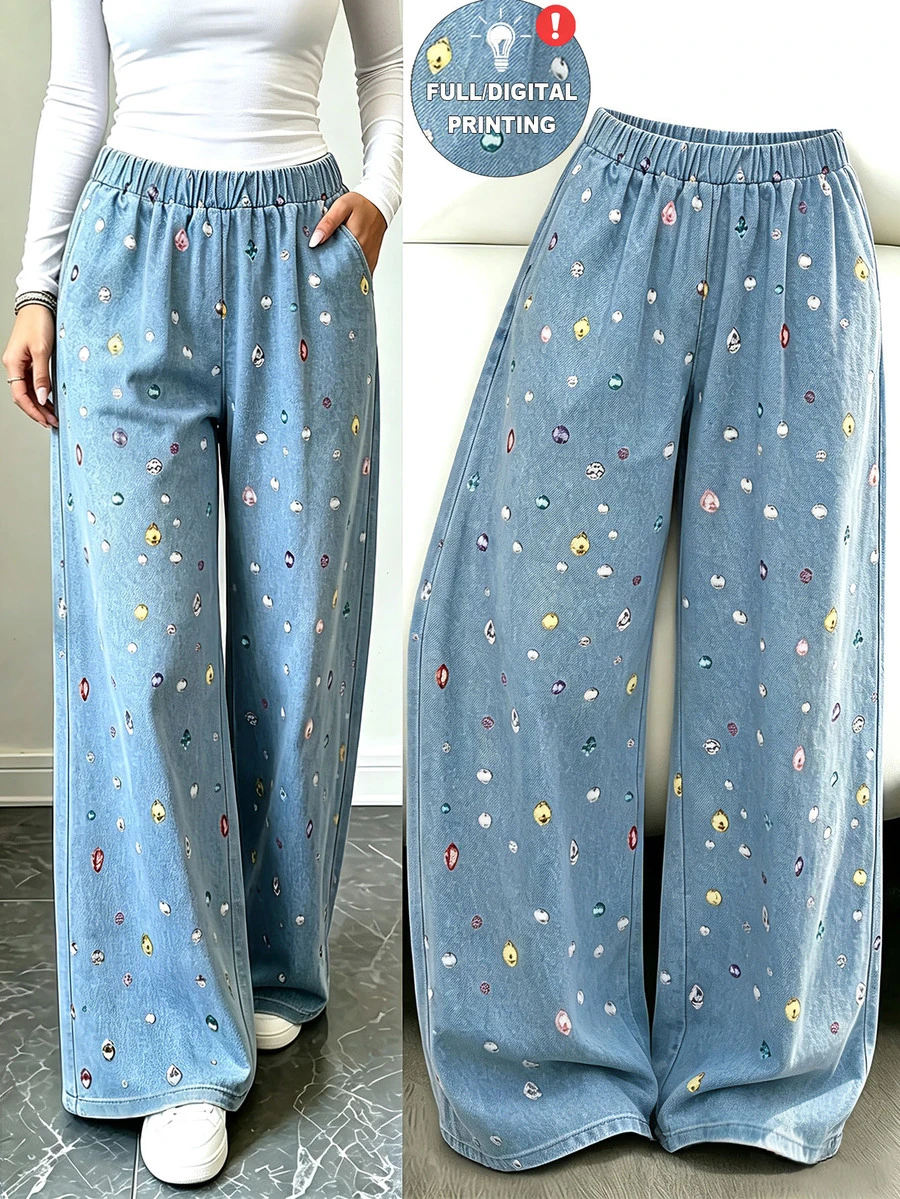 SHEIN Franclia 1pc Rhinestone Print Elastic Waist Wide Leg Pants Everyday Formal Blue Summer Casual - Blue - View 1