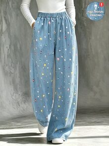 SHEIN Franclia 1pc Rhinestone Print Elastic Waist Wide Leg Pants Everyday Formal Blue Summer Casual - Blue - View 2