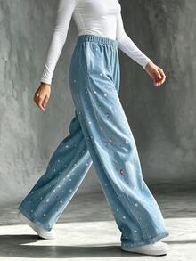 SHEIN Franclia 1pc Rhinestone Print Elastic Waist Wide Leg Pants Everyday Formal Blue Summer Casual - Blue - View 4