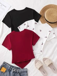 SHEIN 青少年女孩 3件組 女款圓領短袖修身不對稱下擺T恤，黑色、白色、豹紋，休閒夏季上衣套裝 - 彩色 - 查看 2