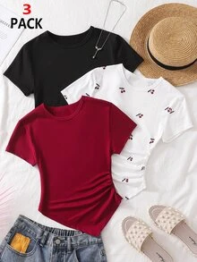 SHEIN 青少年女孩 3件組 女款圓領短袖修身不對稱下擺T恤，黑色、白色、豹紋，休閒夏季上衣套裝 - 彩色 - 查看 3