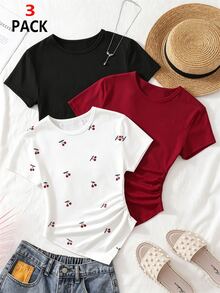 SHEIN 青少年女孩 3件組 女款圓領短袖修身不對稱下擺T恤，黑色、白色、豹紋，休閒夏季上衣套裝 - 彩色 - 查看 4