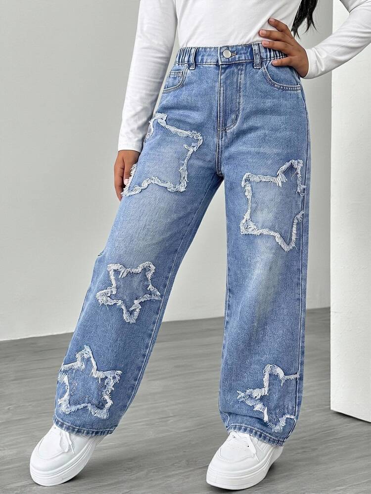 Tween Girl) Vintage Casual Fashion Blue Distressed Ripped Patchwork Star Embroidery Straight Leg Jeans, Holiday Style Bottoms - Light Wash - View 3