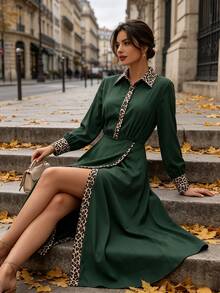 SHEIN Women's Leopard Print Colorblock Slit Design Casual French Elegant Party Work Brunch Long Dress Green Leopard Print Autumn - Dark Green - View 4