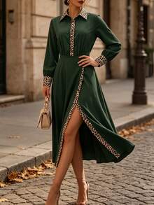 SHEIN Women's Leopard Print Colorblock Slit Design Casual French Elegant Party Work Brunch Long Dress Green Leopard Print Autumn - Dark Green - View 3