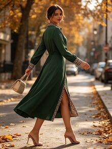SHEIN Women's Leopard Print Colorblock Slit Design Casual French Elegant Party Work Brunch Long Dress Green Leopard Print Autumn - Dark Green - View 2