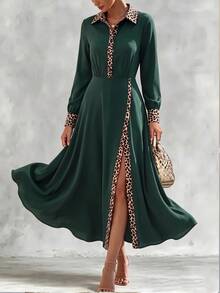 SHEIN Women's Leopard Print Colorblock Slit Design Casual French Elegant Party Work Brunch Long Dress Green Leopard Print Autumn - Dark Green - View 1
