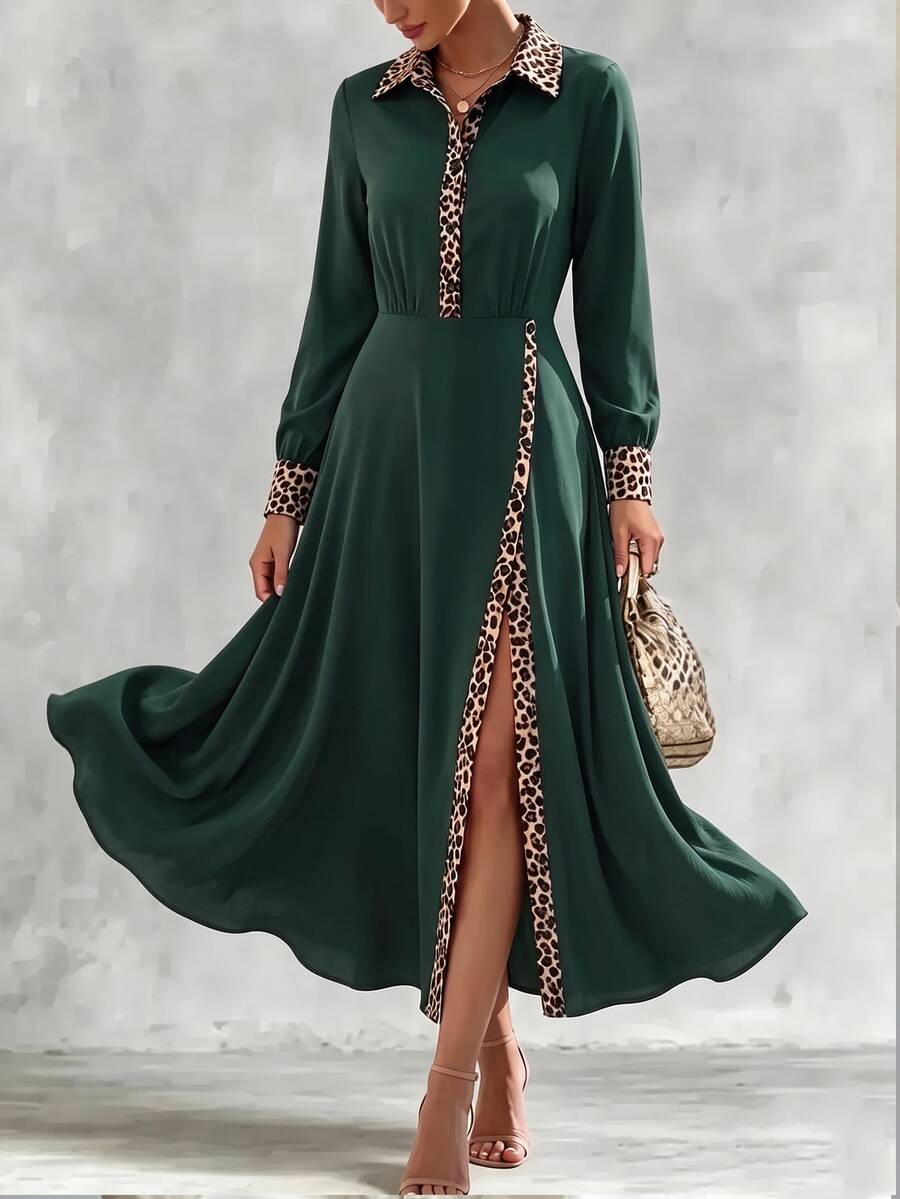 SHEIN Women's Leopard Print Colorblock Slit Design Casual French Elegant Party Work Brunch Long Dress Green Leopard Print Autumn - Dark Green - View 1