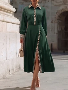 SHEIN Women's Leopard Print Colorblock Slit Design Casual French Elegant Party Work Brunch Long Dress Green Leopard Print Autumn - Dark Green - View 8