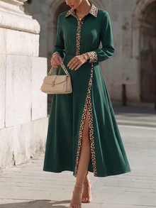 SHEIN Women's Leopard Print Colorblock Slit Design Casual French Elegant Party Work Brunch Long Dress Green Leopard Print Autumn - Dark Green - View 6