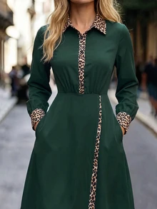 SHEIN Women's Leopard Print Colorblock Slit Design Casual French Elegant Party Work Brunch Long Dress Green Leopard Print Autumn - Dark Green - View 7