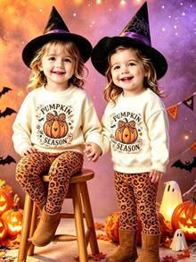 Oo Cute To Spook 幼女萬聖節套裝，豹紋蝴蝶結南瓜圖案衛衣與豹紋內搭褲套裝 (2件組)，秋季服飾系列 - 彩色 - 查看 1