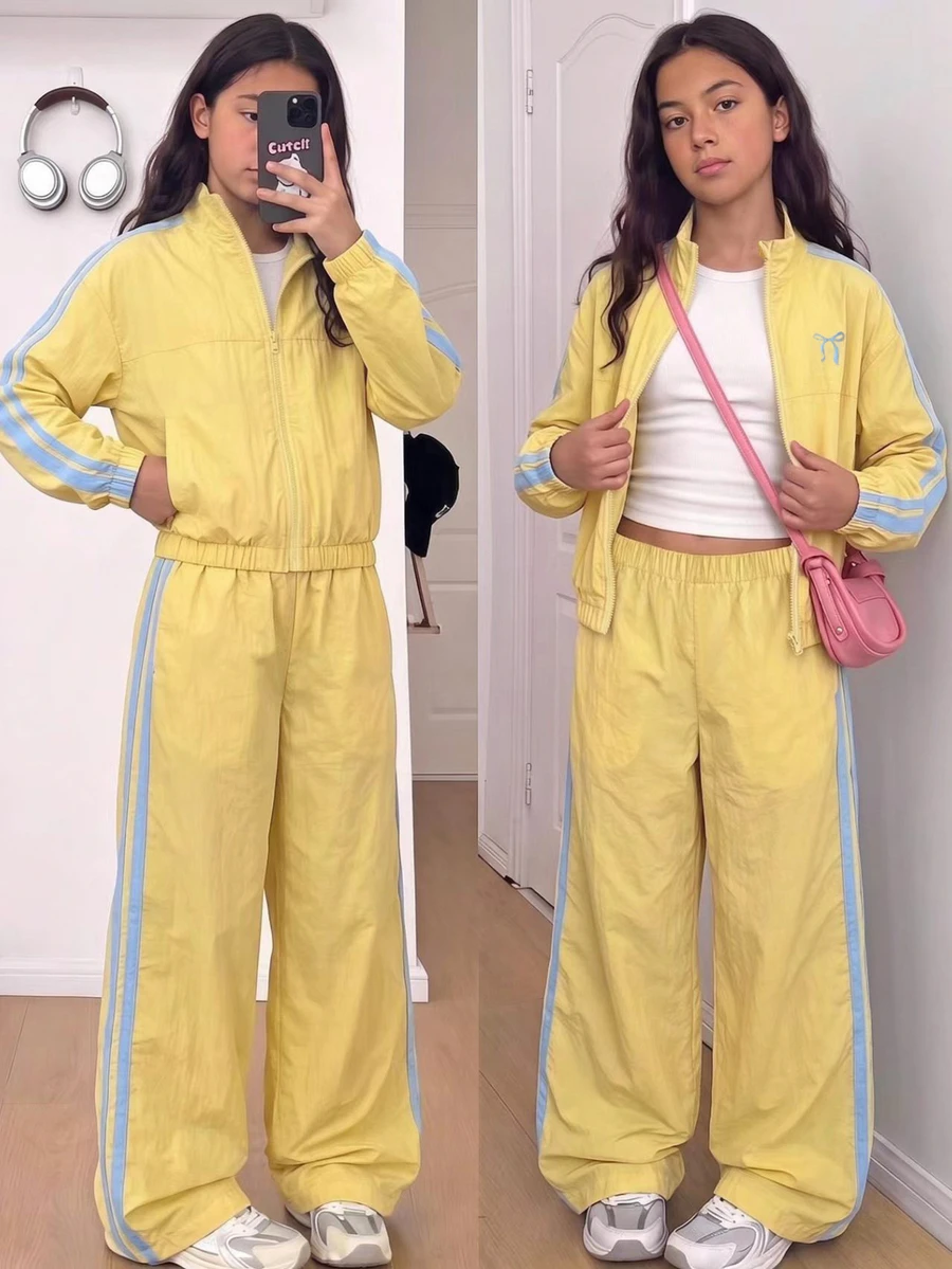 SHEIN Tween Girls Fall Outfits 2pcs/Set Stand Collar Colorblock Zipper Long Sleeve Jacket And Pants Casual Daily Outfit, Fall, Chic, Graduation, Layered - Yellow - View 1