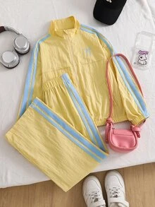 SHEIN Tween Girls Fall Outfits 2pcs/Set Stand Collar Colorblock Zipper Long Sleeve Jacket And Pants Casual Daily Outfit, Fall, Chic, Graduation, Layered - Yellow - View 5