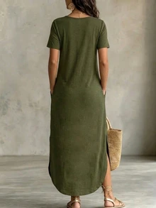 EMERY ROSE Plus Size Casual Pocket V-Neck Short Sleeve Side Slit Long Dress - Green - View 2