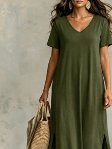 EMERY ROSE Plus Size Casual Pocket V-Neck Short Sleeve Side Slit Long Dress - Green - View 5