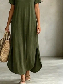 EMERY ROSE Plus Size Casual Pocket V-Neck Short Sleeve Side Slit Long Dress - Green - View 6