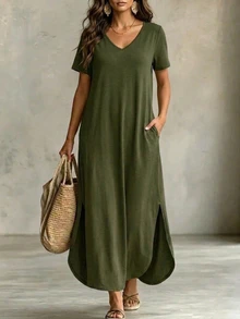EMERY ROSE Plus Size Casual Pocket V-Neck Short Sleeve Side Slit Long Dress - Green - View 3