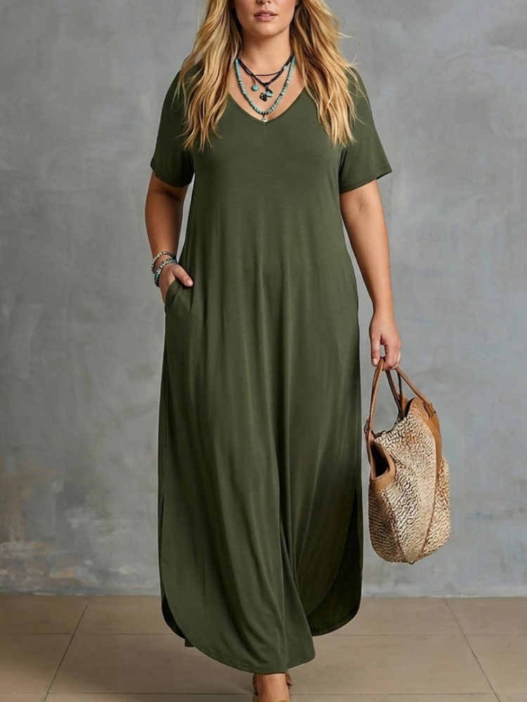 EMERY ROSE 大尺碼休閒口袋V領短袖側開衩長洋裝 - 綠色 - 查看 3