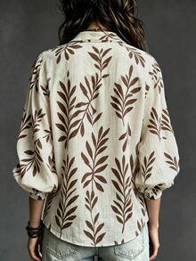 LUMIGAL Kemeja Kasual Elegan Bergaya Vintage untuk Berkomuter dengan Motif Daun Cokelat Hutan Hujan Tropis, Lengan Panjang - MultiWarna - View 2