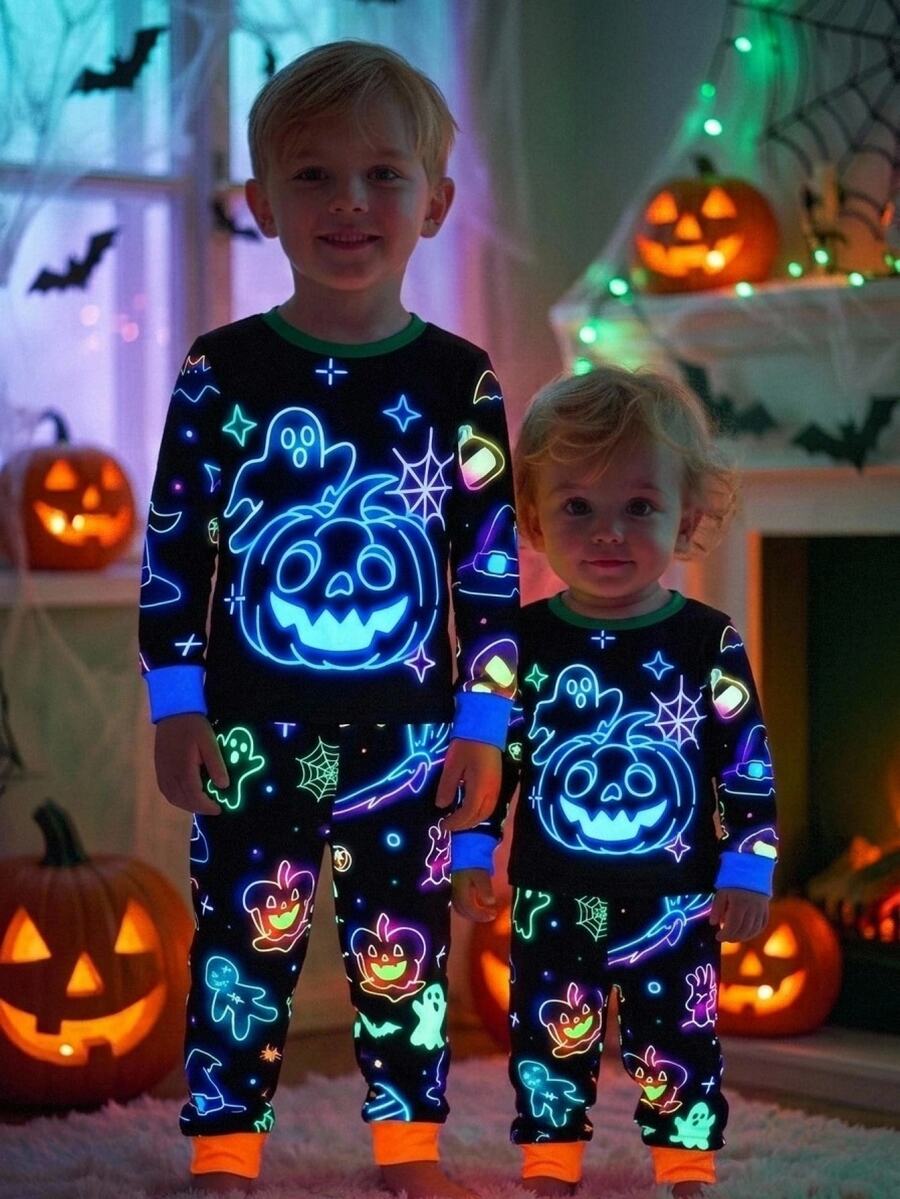 SHEIN Kids Young Boy Halloween Pattern Casual Minimalist Snug Fit Comfortable Thick Long Sleeve Crew Neck Pants Loungewear Suitable For Autumn/Winter