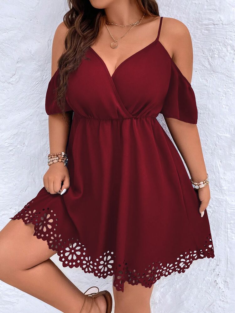 Rometta Vestido de mujer de talla grande de unicolor con abertura hueca y tirantes - Conjunto en color borgoña para mujer en Navidad - Burdeos - Añade 9