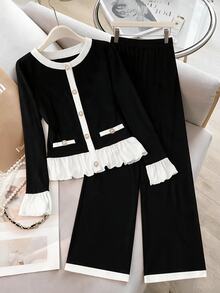 GlowEve CURVE Plus Size Women's French Elegant Casual Vacation Round Neck Long Sleeve Ruffle Trim Cardigan & Wide Leg Pants 2-Piece Set, Suitable For Office Commute - Black and White - View 3